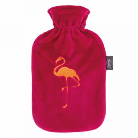 Fashy värmeflaska flamingo med rött fodral och broderad flamingo i orange färg